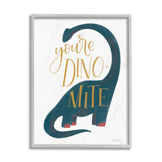 Stupell Industries You're Dino-Mite Phrase Blue Long Neck Dinosaur in Gray Frame Wall Art